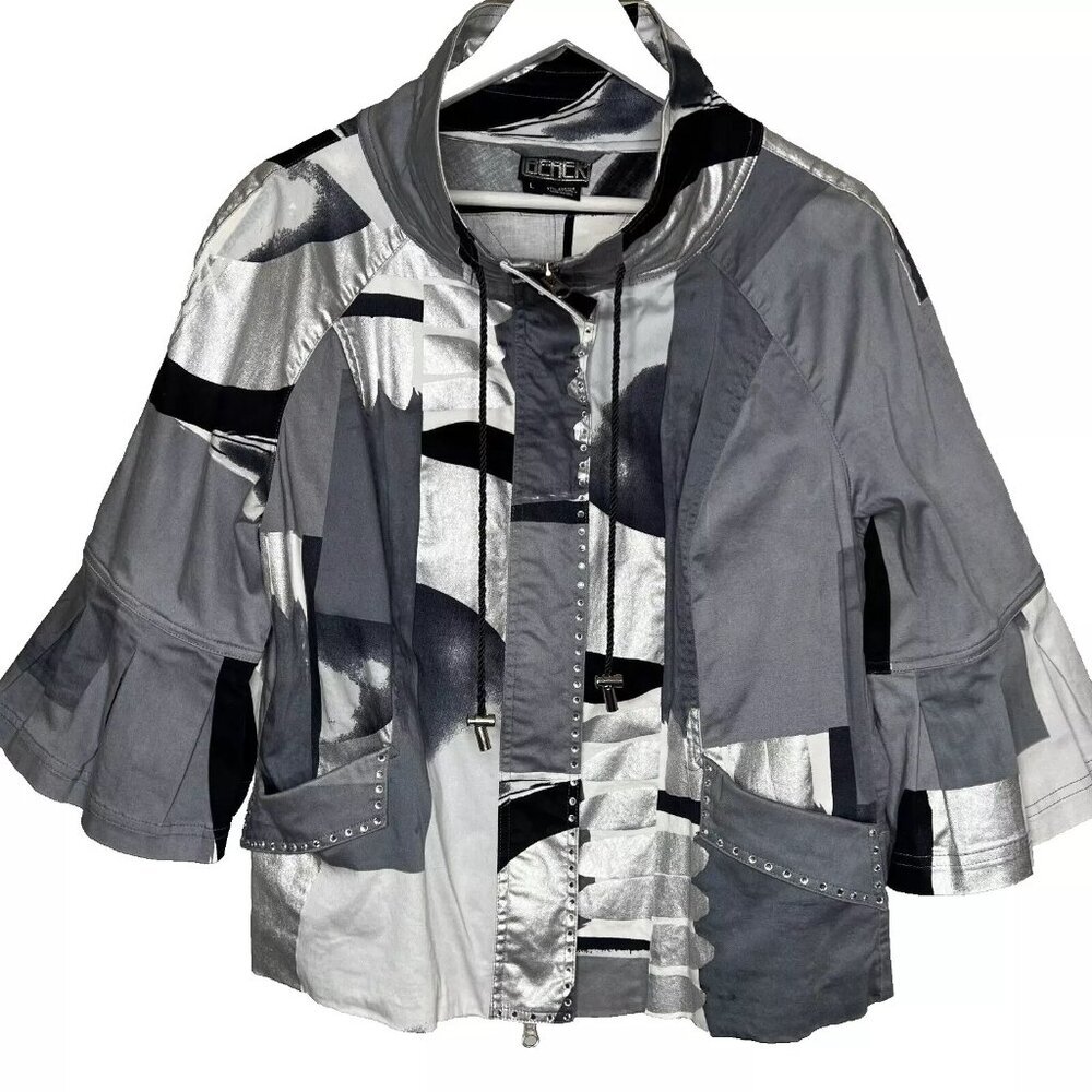Berer Womens Jacket L Silver Geometric Rhinestones Pleats 80s Halloween Eclectic